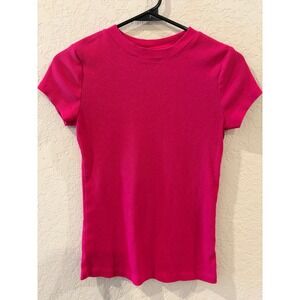 A New Day Hot Pink Ribbed Short Sleeve Crew Neck T-Shirt XS Fuchsia Slim Fit